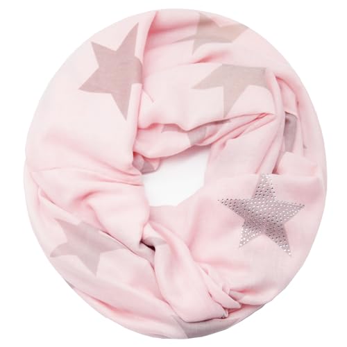 Glamexx24 Damen Loop Schal Sterne Strass Leichter Schlauchschal Tuch für Frühling und Herbst SC20170401, Hellpink+Khaki von Glamexx24