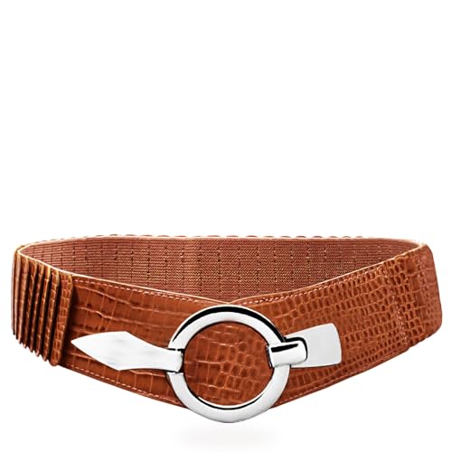 Glamexx24 Elastischer Damen Taillengürtel gürtel 6cm breiter Hüftgürtel mit silberner Ring (Lehmbraun, Taillenweite 75cm-110cm) von Glamexx24