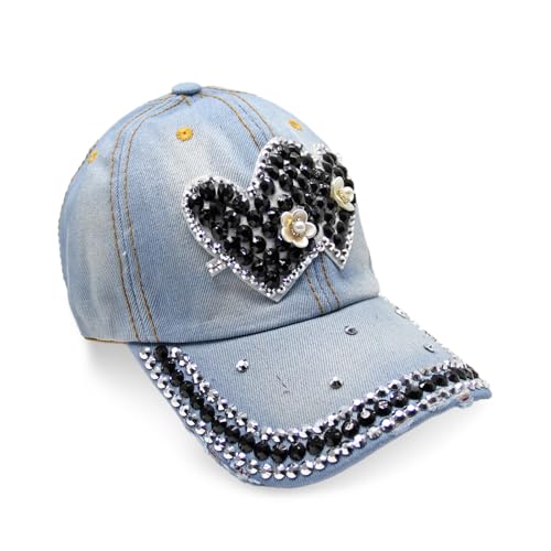 Glamexx24 Jeans Baseball Cap Damen Verstellbare Basecap mit Strasssteinen Atmungsaktive Baumwolle Baseballkappe für Outdoor Running Tennis Golf, Herz-Schwarz von Glamexx24