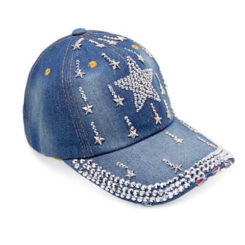 Glamexx24 Jeans Baseball Cap Damen Verstellbare Basecap mit Strasssteinen Atmungsaktive Baumwolle Baseballkappe für Outdoor Running Tennis Golf, Stern-Gross von Glamexx24