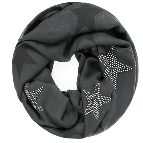Glamexx24 Loop schal leichter Langschal Sterne Muster Schlauchschal Strass Tuch Viele Farben SC20170401, Dunkelgrau, Einheitsgröße von Glamexx24