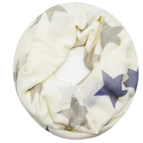 Glamexx24 Loop schal leichter Langschal Sterne Muster Schlauchschal Strass Tuch Viele Farben SC20170401, Weiss/Blau, Einheitsgröße von Glamexx24