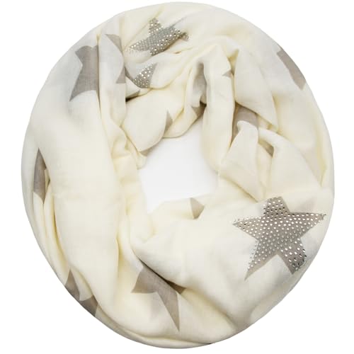Glamexx24 Loop schal leichter Langschal Sterne Muster Schlauchschal Strass Tuch für Frühling und Herbst SC20170401, Cream von Glamexx24