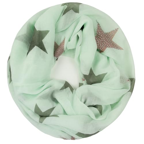 Glamexx24 Loop schal leichter Langschal Sterne Muster Schlauchschal Strass Tuch Viele Farben SC20170401, Hellgruen, Einheitsgröße von Glamexx24