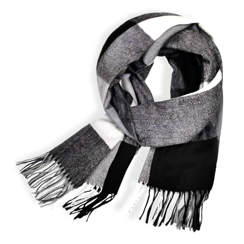 Glamexx24 Schal Damen Winter Kariert Fashion: Damen Winter Schal, Strickset Schal übergroßer Quadratisch Deckenschal Deckenschal Halstuch Streifen Muster Fransen Poncho (Schwarz-creme-grau) von Glamexx24