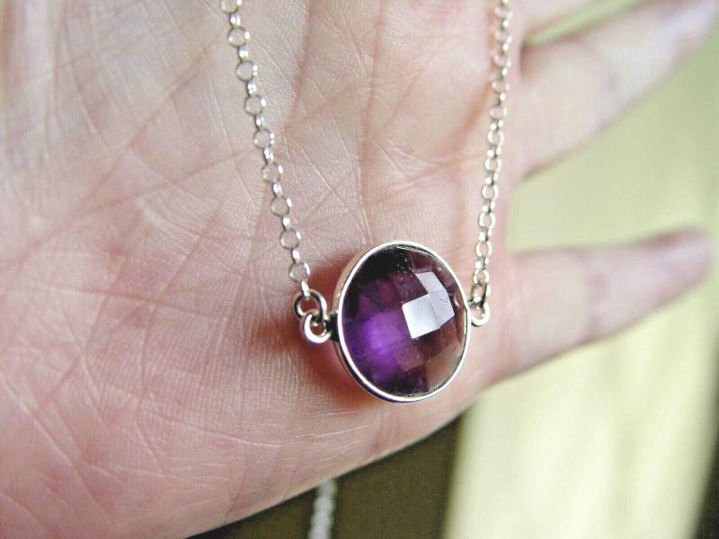 Amethyst Anhänger Halskette Sterling Silber Lünette, Rolo Kette von Glamgemtastic