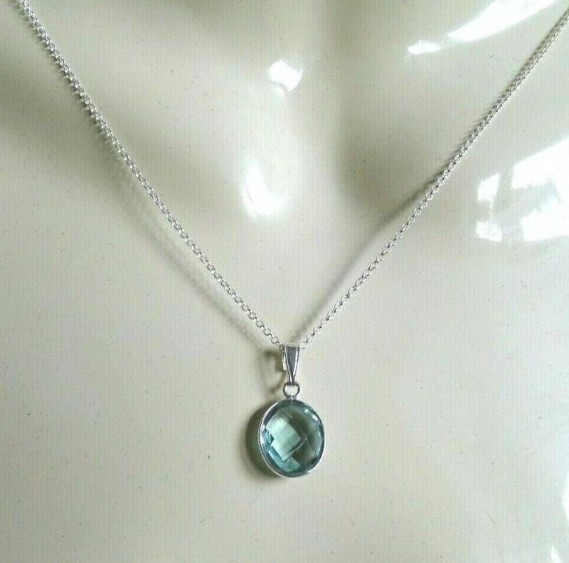 Aquamarin Quarz Anhänger Halskette Sterling Silber Rolo Kette von Glamgemtastic