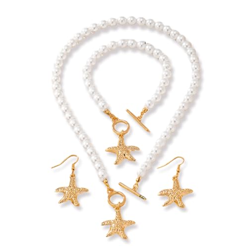 Glamifyr 4 Stück Seestern Kette, Ohrringe und Perlenarmbänder - Gold Seestern Anhänger mit Halskette für Damen - Perlenkette Boho Statement Schmuck für den Sommer von Glamifyr