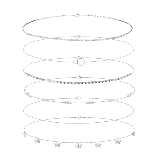 Glamifyr 6 Stück Boho Hüftkette Bauchkette,Body Chain Silber,Bauchkette Silber Set,für Frauen Mädchen Boho Quaste Hüftkette,mit Perlen Pailletten Schmetterling Anhänger Quaste Körperschmuck von Glamifyr