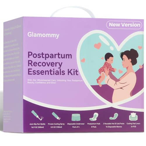 Glamommy Postpartum Recovery Essentials Kit für Frauen, inklusive Pack-All Box, Peri-Flasche, Kühlspray, Einweg-Unterwäsche nach der Geburt, Postpartale Pads, Wärme- und Kältepackungen, beruhigende von Glamommy