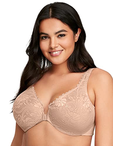 Glamorise Damen Wonderwire-Vorderverschluss-BH mit Stretch-Spitze für große Größen Nr. 9245,Beige (Kaffee),90E (Herstellergröße:40DD ) von Glamorise