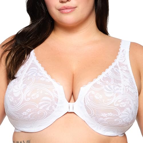 Glamorise Große Größen Plusgröße Wonderwire-Vorderverschluss-BH mit Stretch, Spitze und Bügel Nr. 9245, Weiss, 70B von Glamorise