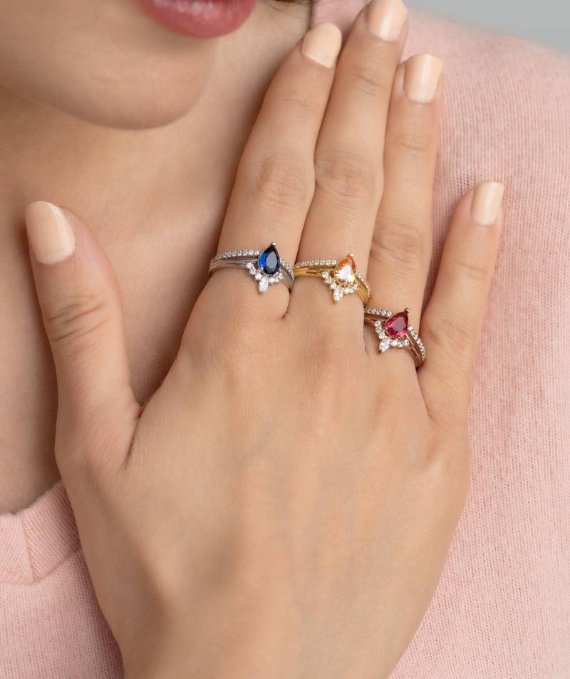 Personalisierter Geburtsstein Ring Tropfenschliff Mit Doppelband Handgemachter Schmuck Zwei Ringe Set Geschenke Für Frau, Weihnachten von Glamoristic