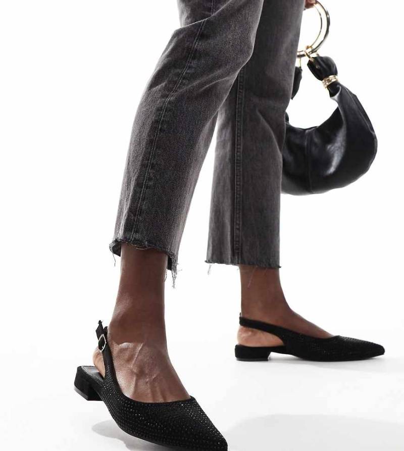 Glamorous Wide Fit - Spitze, verzierte Ballerinas in Schwarz mit Fersenriemen, weite Passform von Glamorous Wide Fit