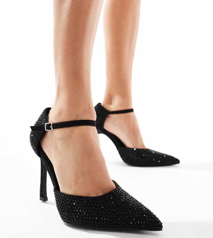 Glamorous Wide Fit - Spitze Pumps in Schwarz mit Verzierung und hohem Absatz, weite Passform von Glamorous Wide Fit