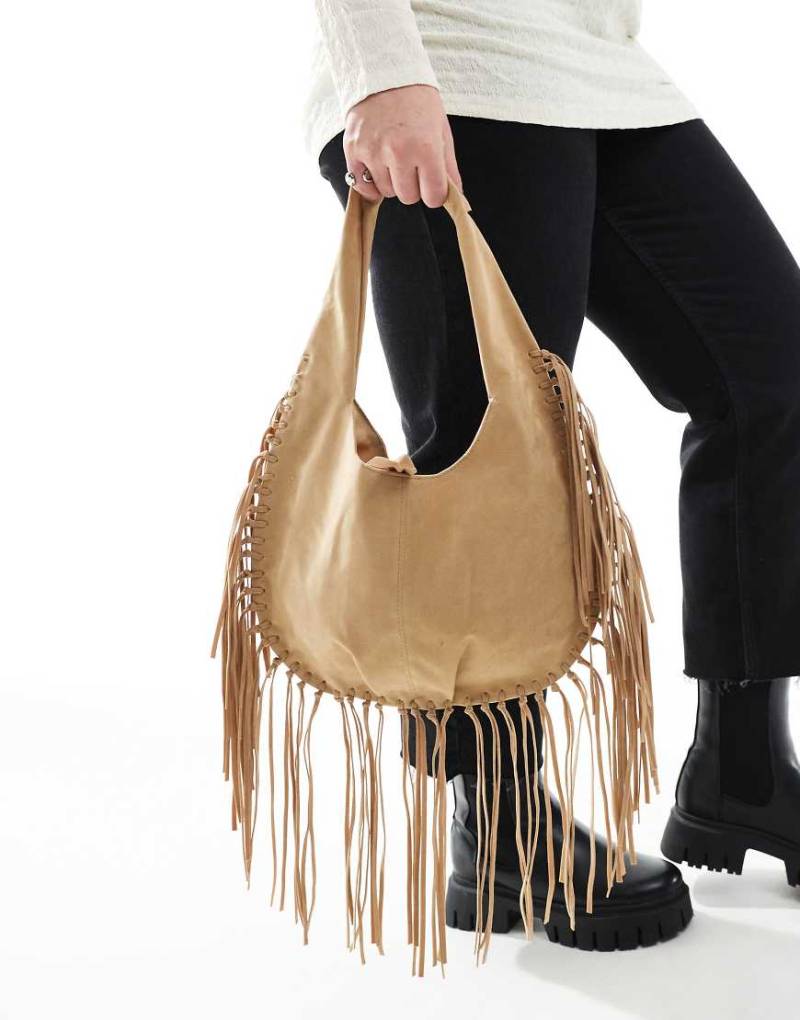 Glamorous - Boho-Schultertasche aus beigem Wildlederimitat mit Fransendetail-Neutral von Glamorous