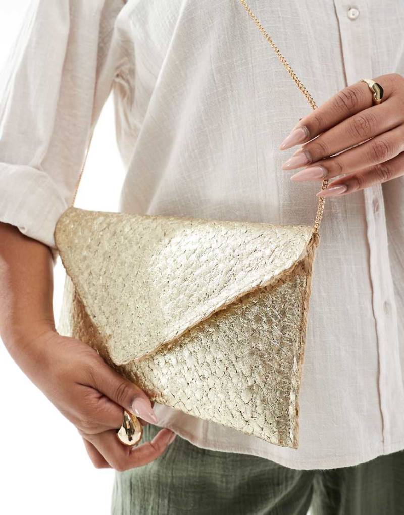 Glamorous - Clutch-Strohtasche im Umschlag-Design in Metallic-Gold-Goldfarben von Glamorous