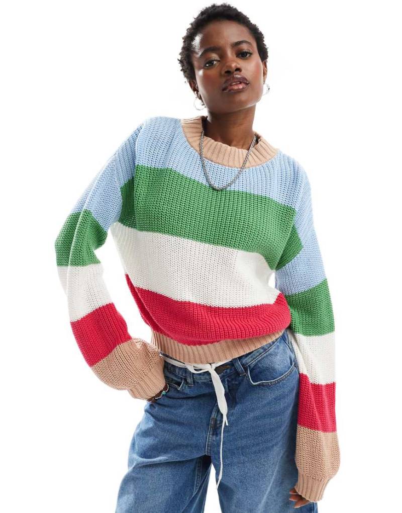 Glamorous - Grobmaschiger Boxy Fit Strickpullover mit mehrfarbigem Streifenmuster-Bunt von Glamorous