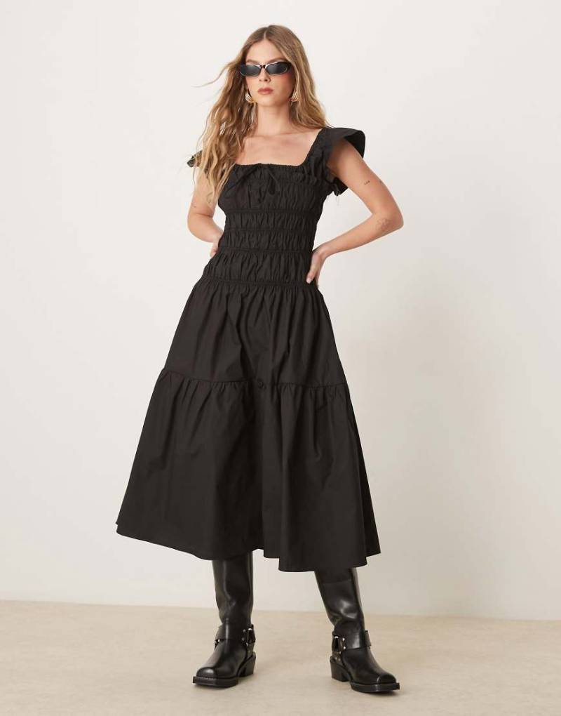 Glamorous - Kurzärmliges Midikleid aus Popeline in Schwarz mit Raffung von Glamorous