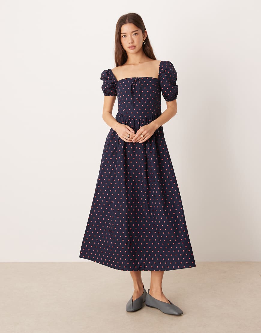 Glamorous - Midaxikleid in Marineblau mit eckigem Ausschnitt, Puffärmeln und rosa Polka Dots-Bunt von Glamorous