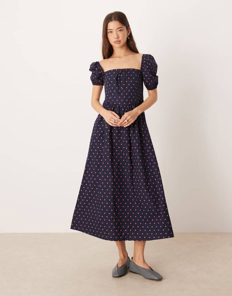 Glamorous - Midaxikleid in Marineblau mit eckigem Ausschnitt, Puffärmeln und rosa Polka Dots-Bunt von Glamorous