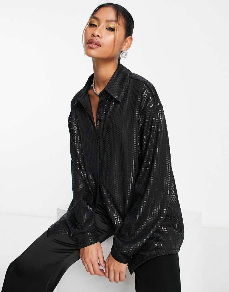 Glamorous - Oversize-Hemdbluse mit Paillettenbesatz in Mattschwarz, Kombiteil von Glamorous