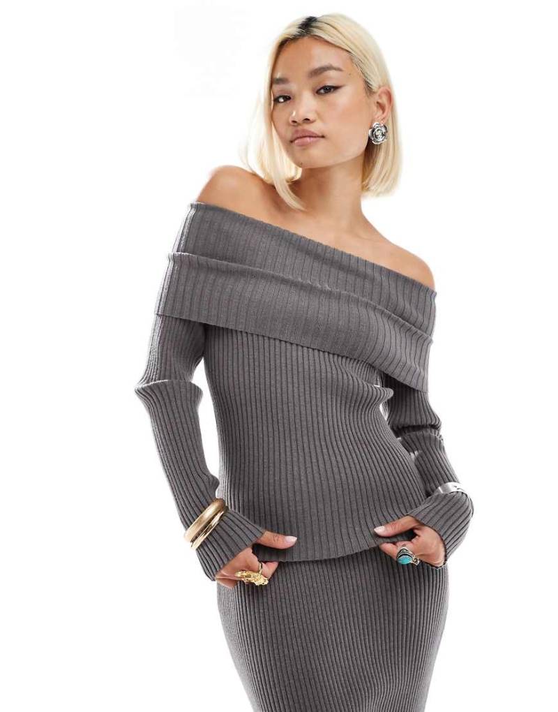 Glamorous - Schulterfreier Rippstrickpullover in Anthrazit, Kombiteil-Grau von Glamorous