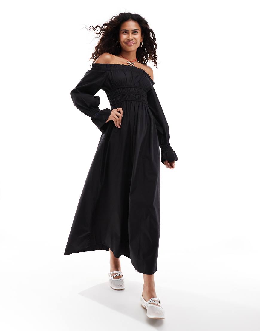Glamorous - Schulterfreies Maxi-Strandkleid in Schwarz mit gesmokter Taillenpartie Glamorous - Schulterfreies Maxi-Strandkleid in Schwarz mit gesmokter Taillenpartie von Glamorous