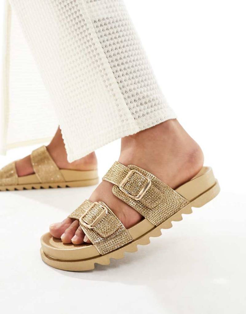 Glamorous - Slider in Gold mit Strassbesatz und zwei Schnallen-Goldfarben von Glamorous