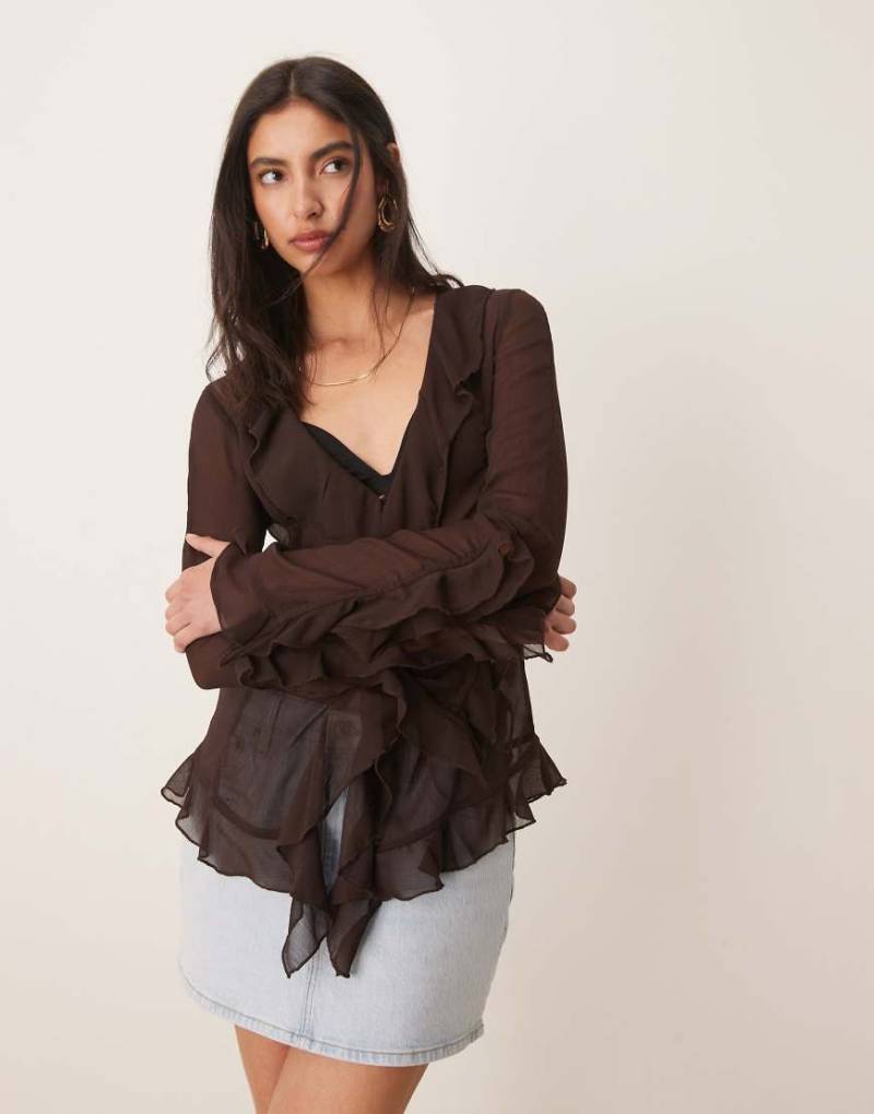 Glamorous - Transparente Bluse in Braun mit Rüschen von Glamorous