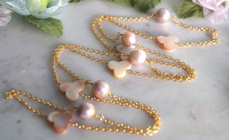 Barock Perle & Perlmutt Shamrock 18 K Gold Filled Halskette, Lange Kette, Brautschmuck, Juni Geburtsstein, Geschenk Für Mutter von GlamorousJewelry1