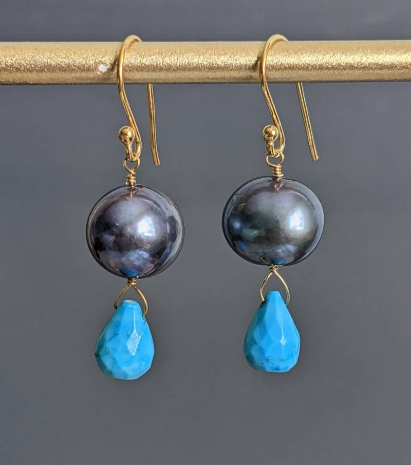 Graue Süßwasserperle Und Türkis Träne 24 K Gold Vermeil Ohrringe, Graublaue Brautschmuck, Juni Dezember Geburtsstein von GlamorousJewelry1
