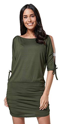 Glamour Empire Damen Tunik Top mit Armschlitz Mini-Kleid Schwarz Partykleid 157 (Khaki, 38-40, M) von Glamour Empire