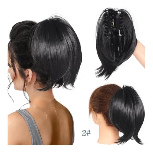 Haarteile und Extensions mit natürlichem Look, 22 cm Clip-On-Haarknoten-Pferdeschwanz for Damen – leicht gewellte Perücke aus Chemiefasern,Clip-In-Pferdeschwanz-Extensions aus Echthaar(Black) von Glamour Haven