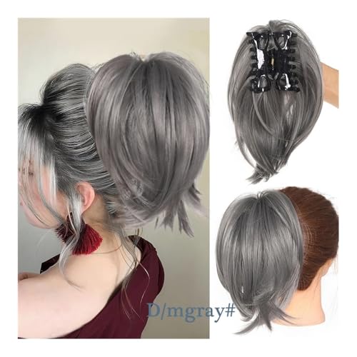 Haarteile und Extensions mit natürlichem Look, 22 cm Clip-On-Haarknoten-Pferdeschwanz for Damen – leicht gewellte Perücke aus Chemiefasern,Clip-In-Pferdeschwanz-Extensions aus Echthaar(Gray) von Glamour Haven