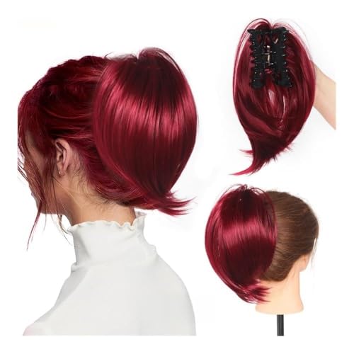 Haarteile und Extensions mit natürlichem Look, 22 cm Clip-On-Haarknoten-Pferdeschwanz for Damen – leicht gewellte Perücke aus Chemiefasern,Clip-In-Pferdeschwanz-Extensions aus Echthaar(Red) von Glamour Haven
