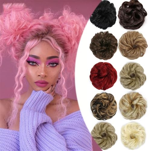 Haarteile und Extensions mit natürlichem Look, 6" Messy Curly Hair Bun Extensions - Elastische Haargummis for Hochsteckfrisuren von Frauen,Clip-In-Pferdeschwanz-Extensions aus Echthaar(Brown yellow) von Glamour Haven