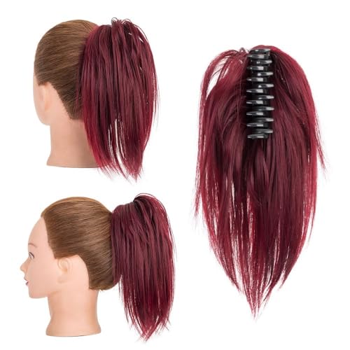 Haarteile und Extensions mit natürlichem Look, Clip-in-Haarverlängerungen 12 Zoll – Synthetische Chignon-Pferdeschwanz-Haargummis for Frauen,Clip-In-Pferdeschwanz-Extensions aus Echthaar(Burgundy) von Glamour Haven
