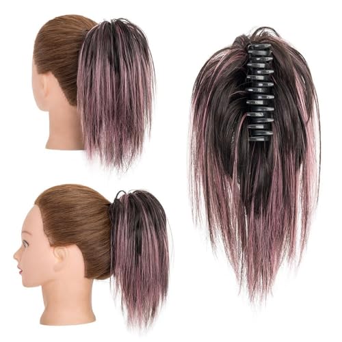 Haarteile und Extensions mit natürlichem Look, Clip-in-Haarverlängerungen 12 Zoll – Synthetische Chignon-Pferdeschwanz-Haargummis for Frauen,Clip-In-Pferdeschwanz-Extensions aus Echthaar(Pink) von Glamour Haven