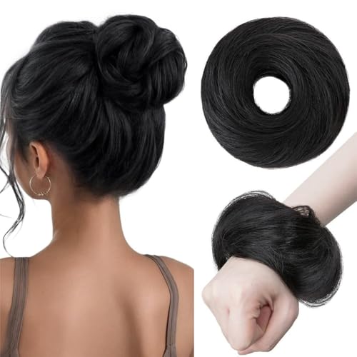 Haarteile und Extensions mit natürlichem Look, Damen Echthaar Messy Bun Haarteil Scrunchie Wellige Verlängerung for Hochsteckfrisuren,Clip-In-Pferdeschwanz-Extensions aus Echthaar(Black) von Glamour Haven