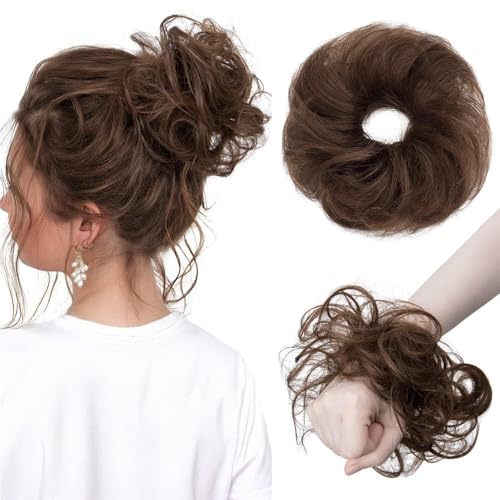 Haarteile und Extensions mit natürlichem Look, Damen Echthaar Messy Bun Haarteil Scrunchie Wellige Verlängerung for Hochsteckfrisuren,Clip-In-Pferdeschwanz-Extensions aus Echthaar(Brownish red) von Glamour Haven