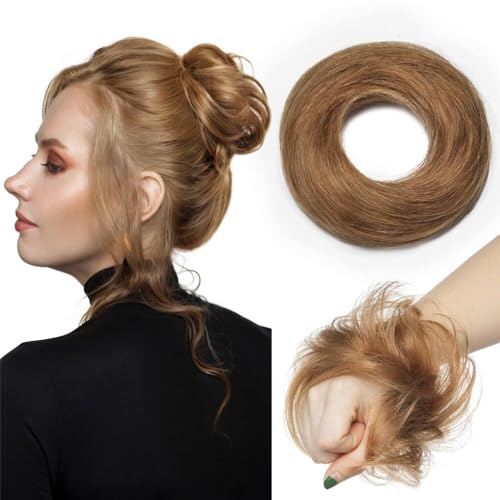Haarteile und Extensions mit natürlichem Look, Damen Echthaar Messy Bun Haarteil Scrunchie Wellige Verlängerung for Hochsteckfrisuren,Clip-In-Pferdeschwanz-Extensions aus Echthaar(Brownish yellow) von Glamour Haven