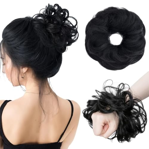 Haarteile und Extensions mit natürlichem Look, Damen Echthaar Messy Bun Haarteil Scrunchie Wellige Verlängerung for Hochsteckfrisuren,Clip-In-Pferdeschwanz-Extensions aus Echthaar(Dark black) von Glamour Haven