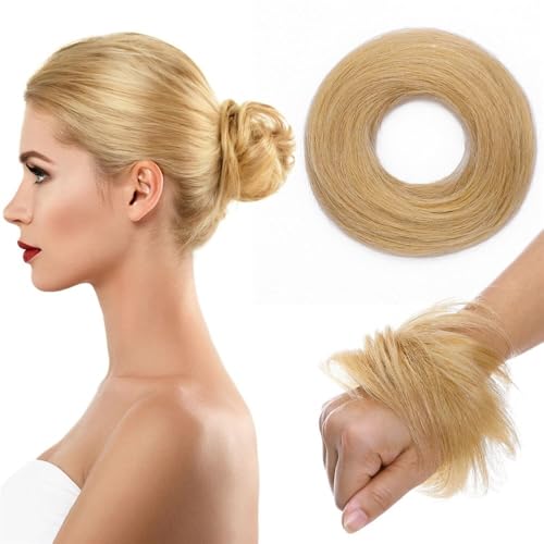 Haarteile und Extensions mit natürlichem Look, Damen Echthaar Messy Bun Haarteil Scrunchie Wellige Verlängerung for Hochsteckfrisuren,Clip-In-Pferdeschwanz-Extensions aus Echthaar(Golden yellow) von Glamour Haven