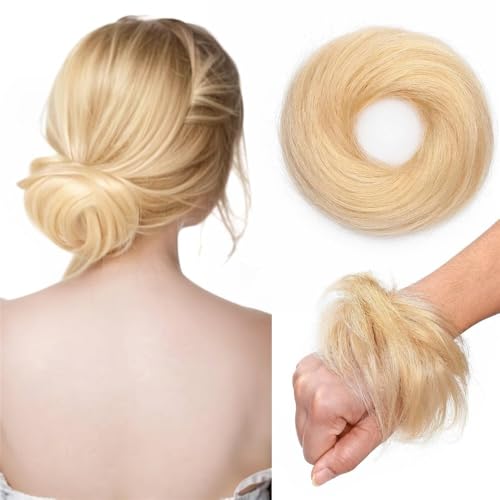 Haarteile und Extensions mit natürlichem Look, Damen Echthaar Messy Bun Haarteil Scrunchie Wellige Verlängerung for Hochsteckfrisuren,Clip-In-Pferdeschwanz-Extensions aus Echthaar(Light gold) von Glamour Haven