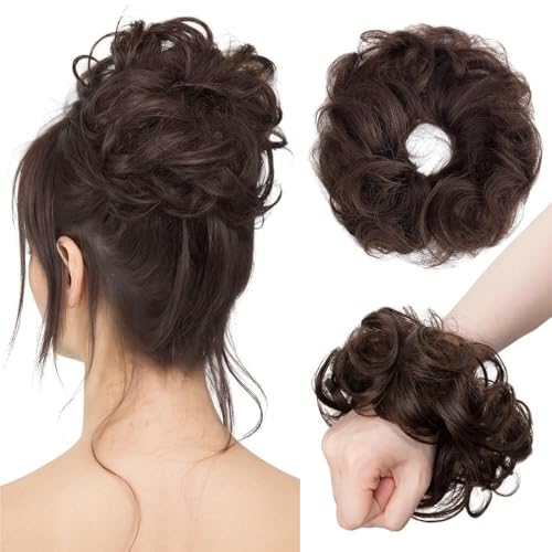 Haarteile und Extensions mit natürlichem Look, Damen Echthaar Messy Bun Haarteil Scrunchie Wellige Verlängerung for Hochsteckfrisuren,Clip-In-Pferdeschwanz-Extensions aus Echthaar(Medium brown) von Glamour Haven