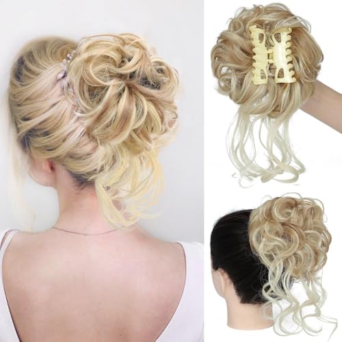 Haarteile und Extensions mit natürlichem Look, Flauschiger Haarclip im Ringstil for Damen – Haar-Accessoire mit Blumenknospen und Kugelkopf,Clip-In-Pferdeschwanz-Extensions aus Echthaar(Light gold) von Glamour Haven