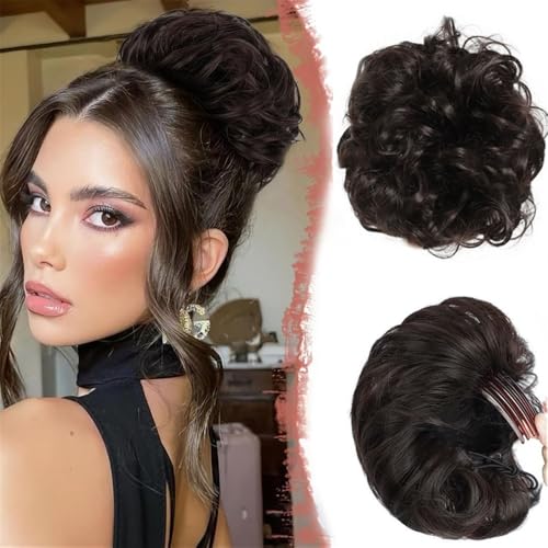 Haarteile und Extensions mit natürlichem Look, Großes Messy Bun-Haarteil for Frauen – Synthetischer Haarknoten mit Kordelzugkamm,Clip-In-Pferdeschwanz-Extensions aus Echthaar(Brown black) von Glamour Haven