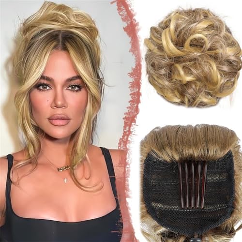 Haarteile und Extensions mit natürlichem Look, Großes Messy Bun-Haarteil for Frauen – Synthetischer Haarknoten mit Kordelzugkamm,Clip-In-Pferdeschwanz-Extensions aus Echthaar(Brown gold variegated) von Glamour Haven