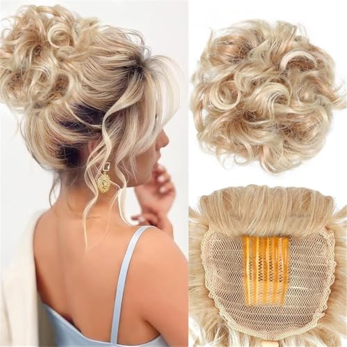 Haarteile und Extensions mit natürlichem Look, Großes Messy Bun-Haarteil for Frauen – Synthetischer Haarknoten mit Kordelzugkamm,Clip-In-Pferdeschwanz-Extensions aus Echthaar(Light gold white variega von Glamour Haven